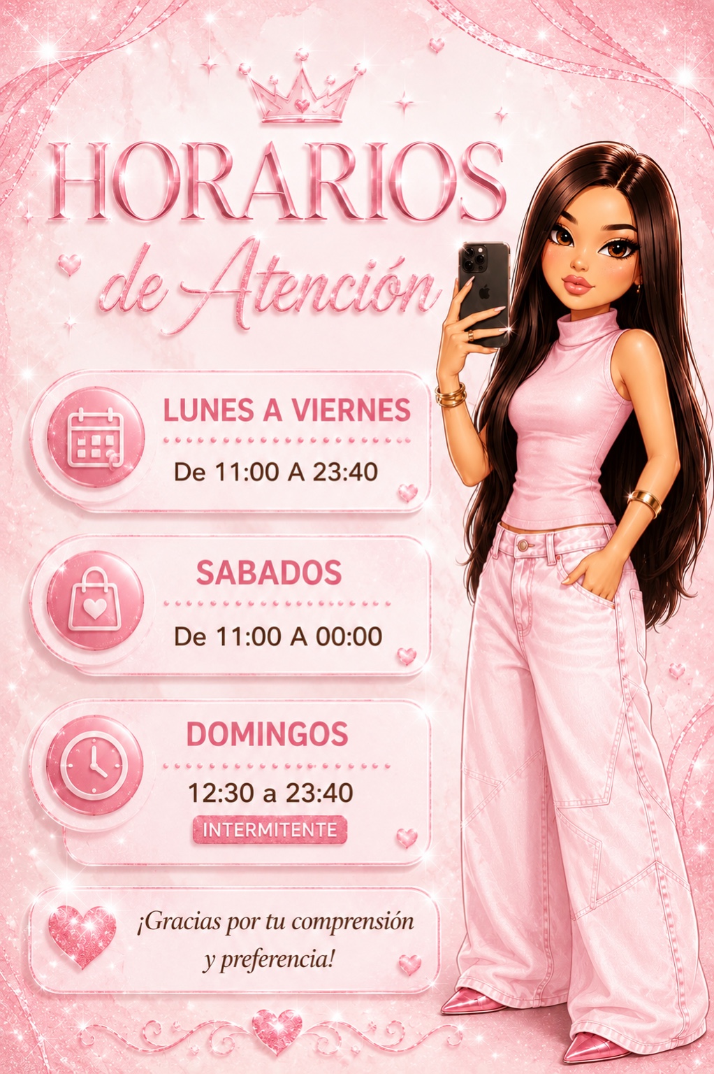 Horarios de atención: lunes a viernes de 11:00 a 23:40, sábados de 11:00 a 00:00 y domingos de 12:30 a 23:40 intermitente