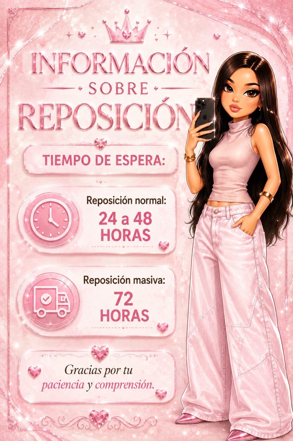 Información sobre reposiciones: reposición normal de 24 a 48 horas y reposición masiva de 72 horas